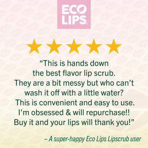 Eco-friendly lip balm advertisement with certification logos on a red background