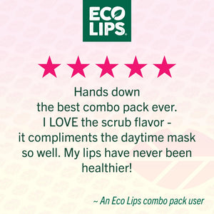 Eco Lips Customer 5 star rating with 5 pink stars on a light pink background stating Hands down the best combo pack ever. I LOVE the scrub flavor - it compliments the daytime mask so well. My lips have never been healthier! 