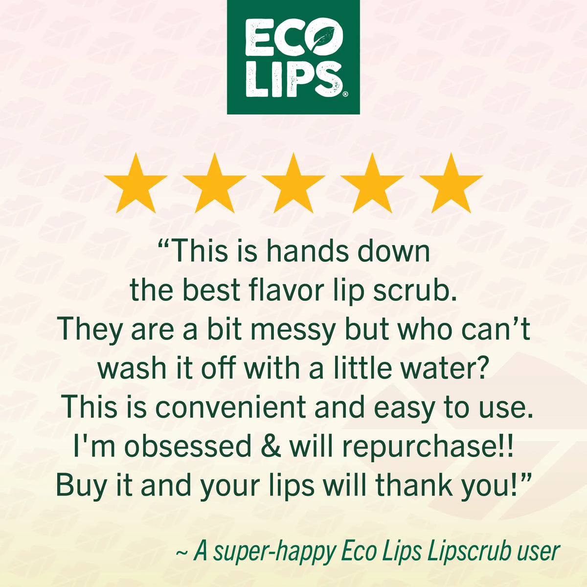 A review of the lip scrub with five orange stars on a light background 