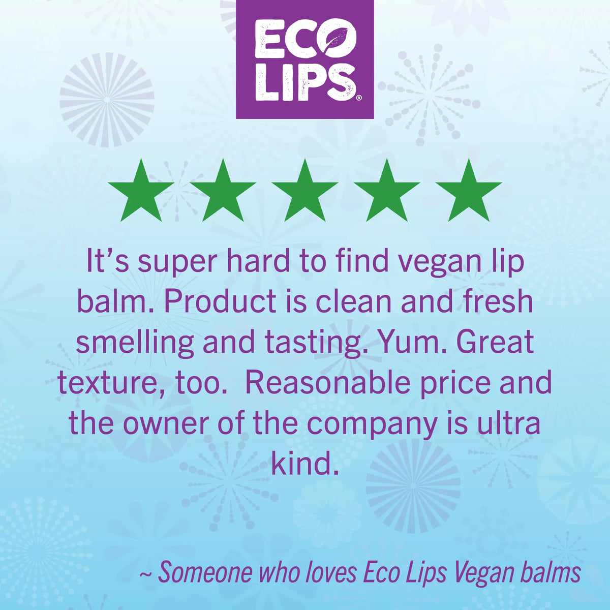 Eco Lips product review with five green stars on a light blue background