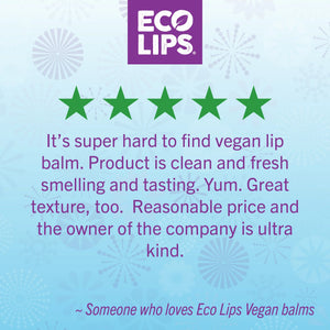 Eco-friendly lip balm brand advertisement with planet graphic and certification logos on a teal background.