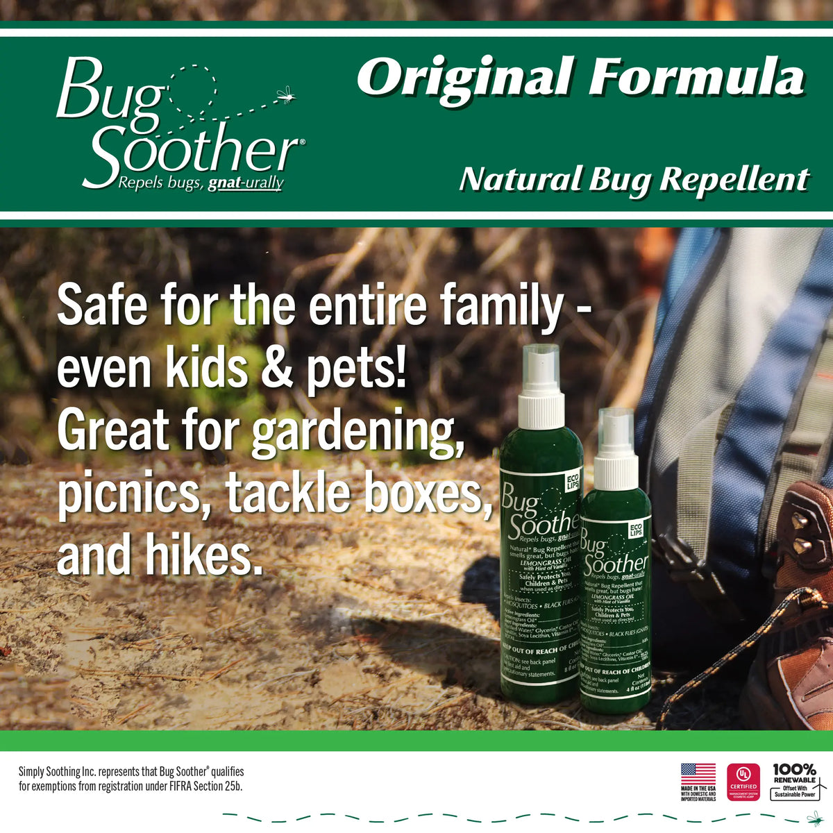 Bug Soother candle and 8 ounce bottle on display with a few plants on a patio wooden table. 