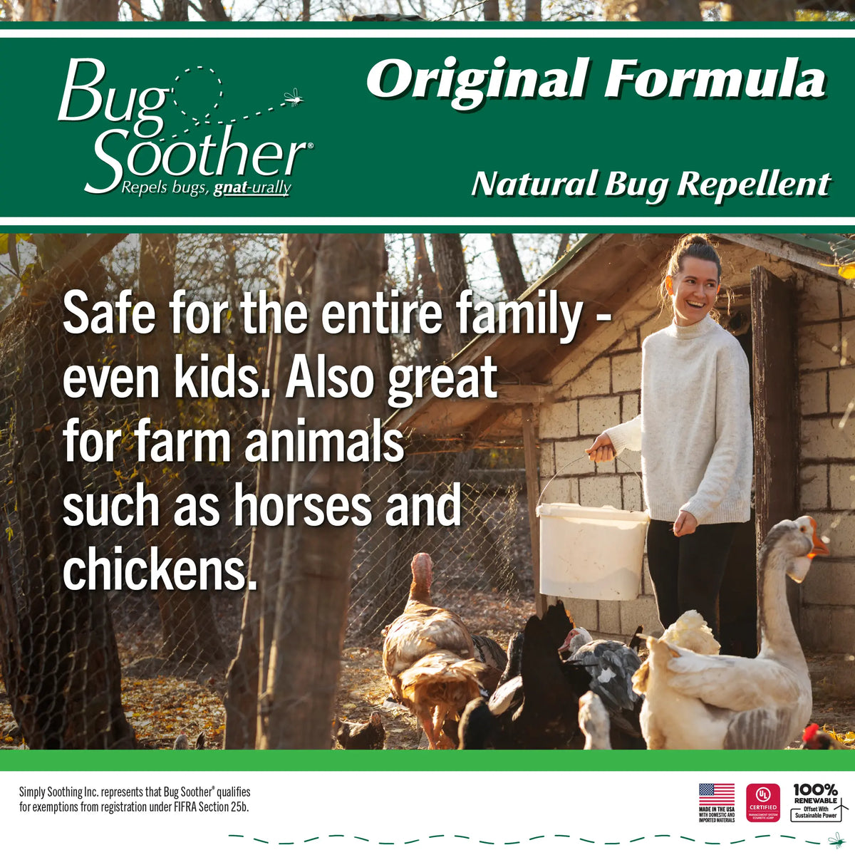 Advertisement for Bug Soother natural bug repellent with a woman and animals in a farm setting.