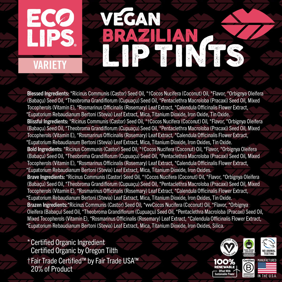 Back of a Vegan Brazilian Lip Tints packaging with ingredient list and certification logos.