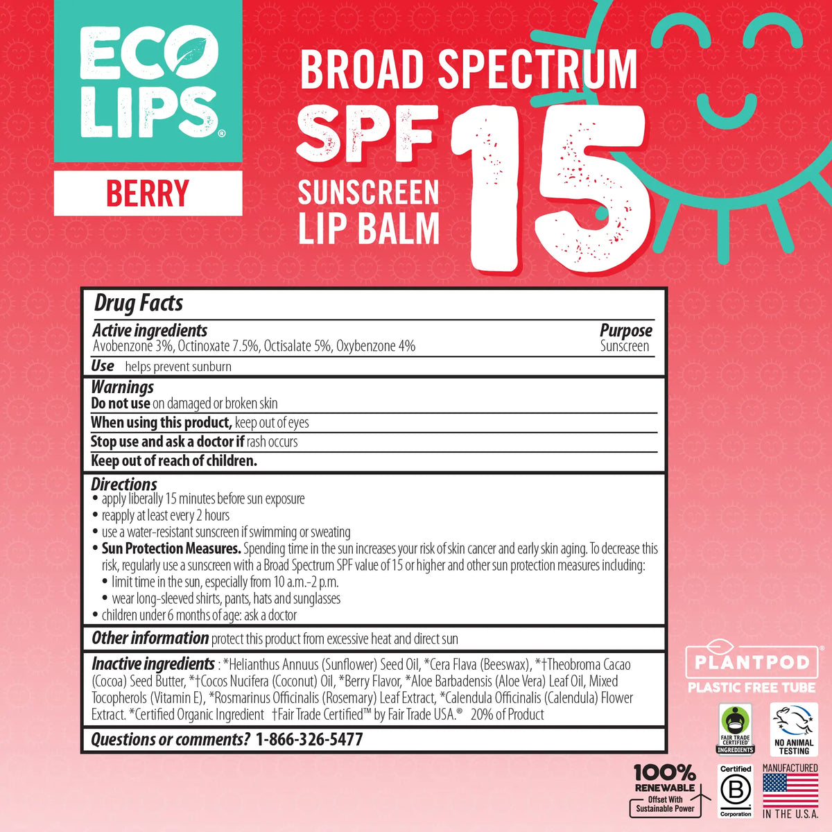 An image of the back of the SPF 15 lip balm including a list of ingredients. 