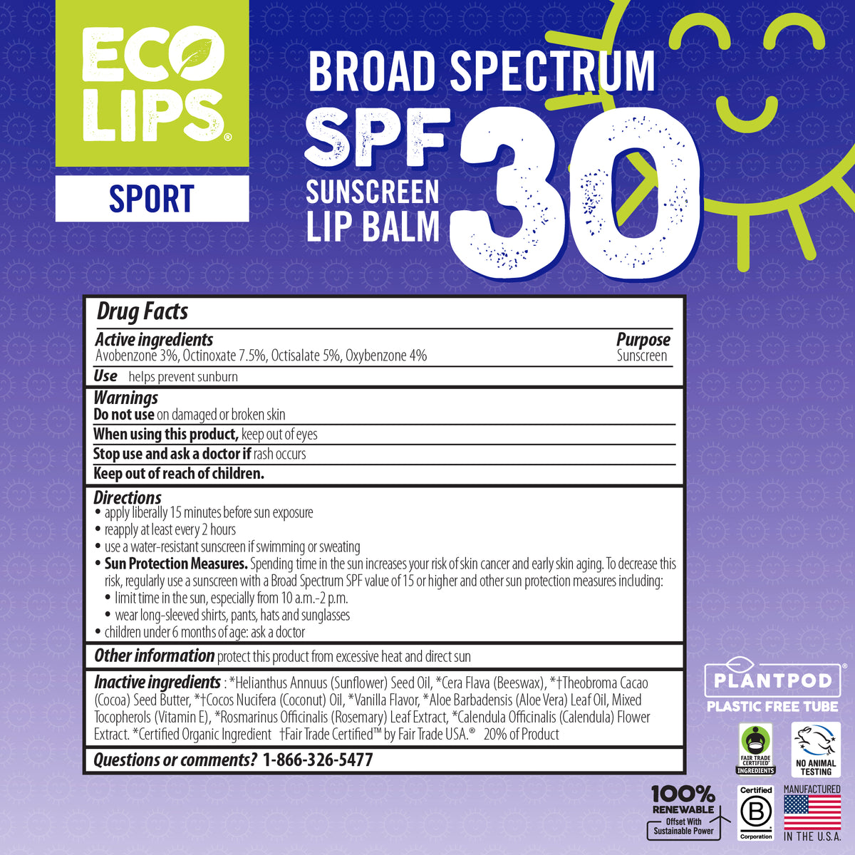 Classic Plant Pod® Sport Broad Spectrum SPF 30 Sunscreen Lip Balm, 6 Pack
