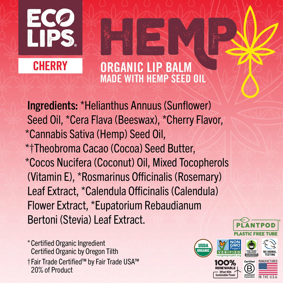 Eco Lips Hemp Cherry ingredient list with certifications 