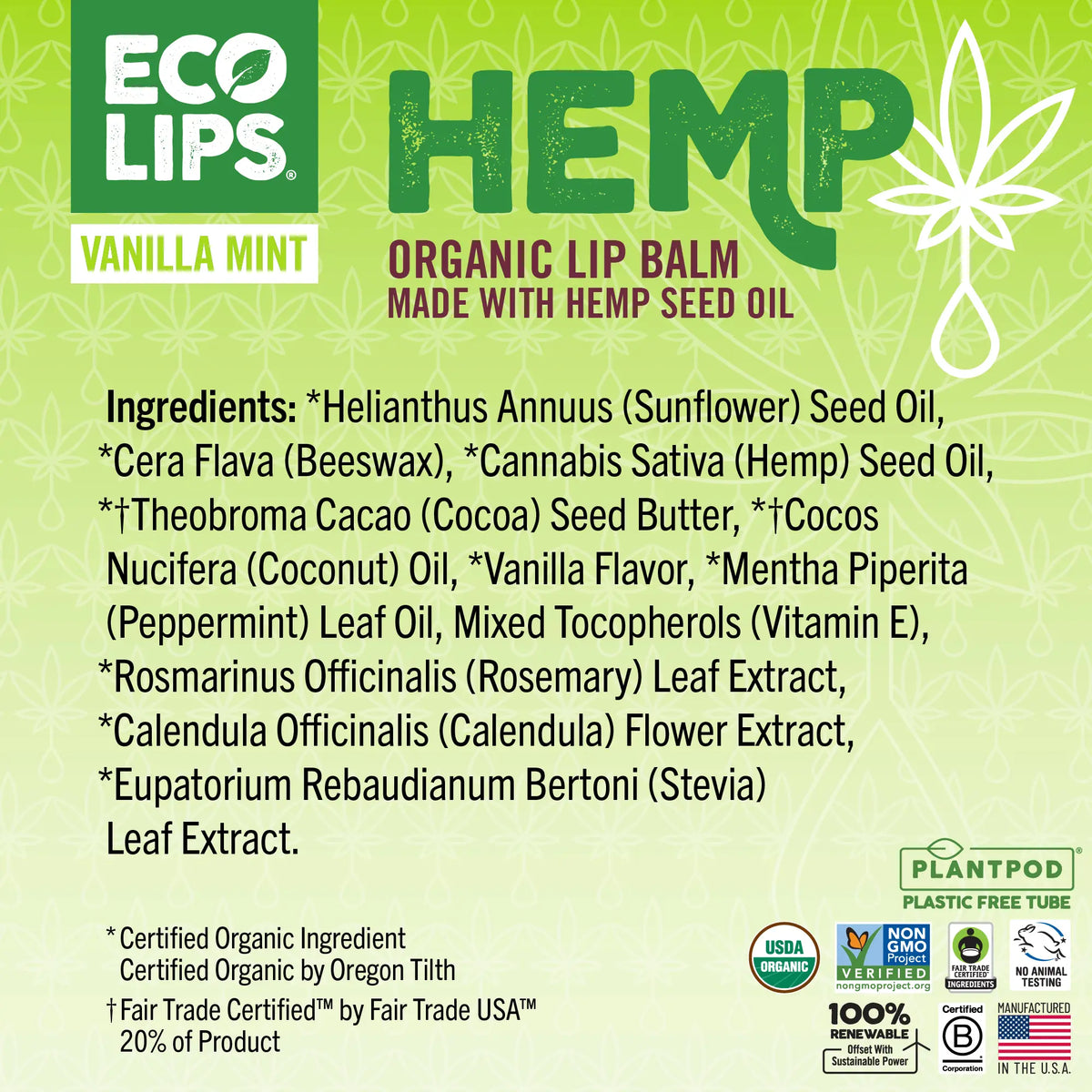 A list of full ingredient list of the Hemp Vanilla Mint lip balm. 