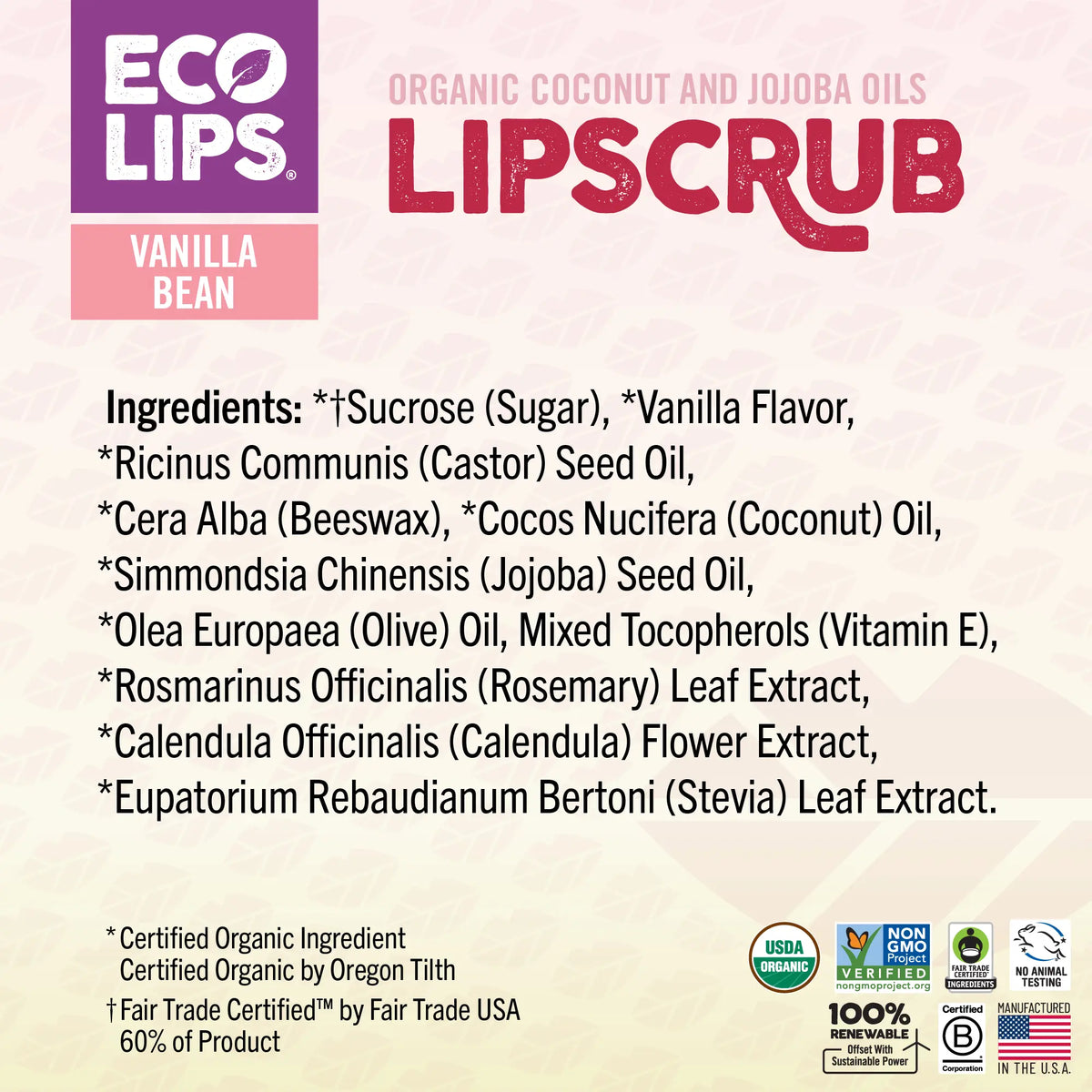 The Vanilla Bean Lip Scrub full ingredient panel with certifications. 