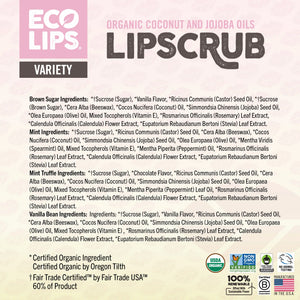 Eco-friendly lip balm advertisement with certification logos on a red background