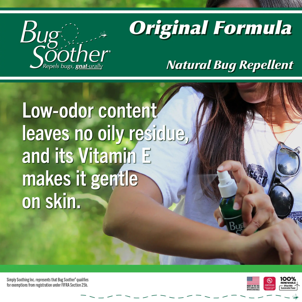 Advertisement for Bug Soother natural bug repellent with a person holding the product.