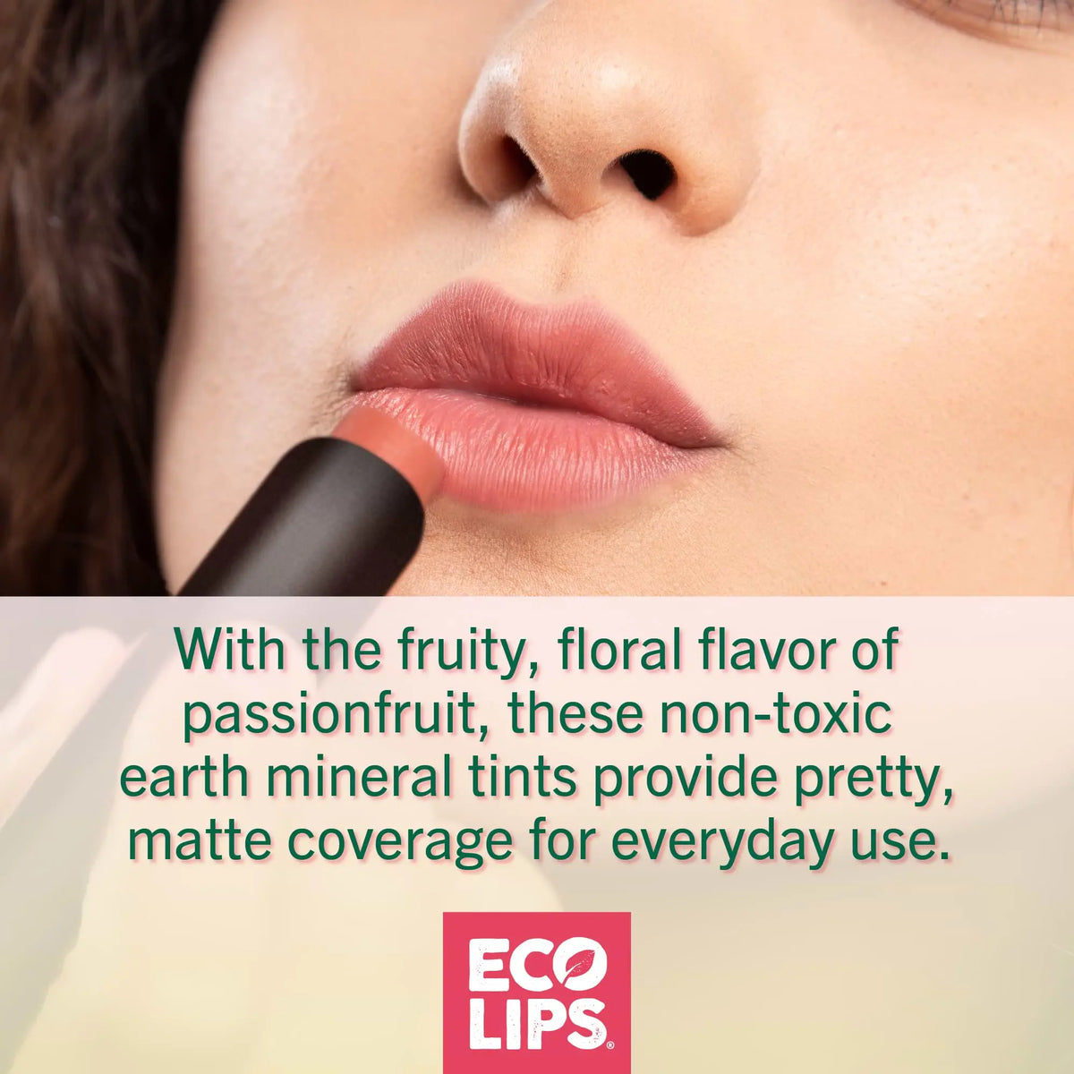 Person applying lip tint with text about eco-friendly makeup and Eco Lips branding.
