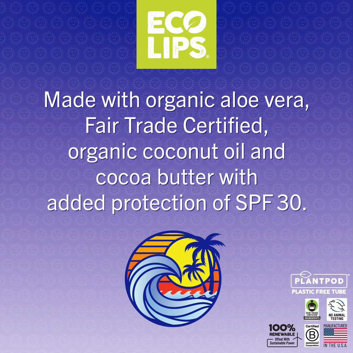 Information on ingredients of the SPF 30 lip balm with a blue background. 