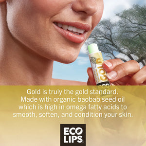 Lip balm packaging with text 'The Gold Standard in Moisture' on a dark background