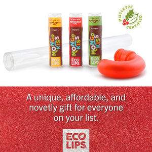 Promotional image of Mongo Kiss lip balm products with text highlighting larger size and benefits on a green background.