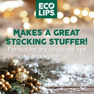 Advertisement for Eco Lips with text about stocking stuffers on a festive background.