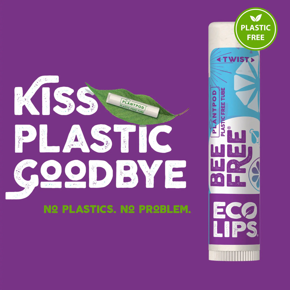 Lip balm tube labeled 'Bee Free Eco Lips' on a purple background with text 'Kiss Plastic Goodbye'.