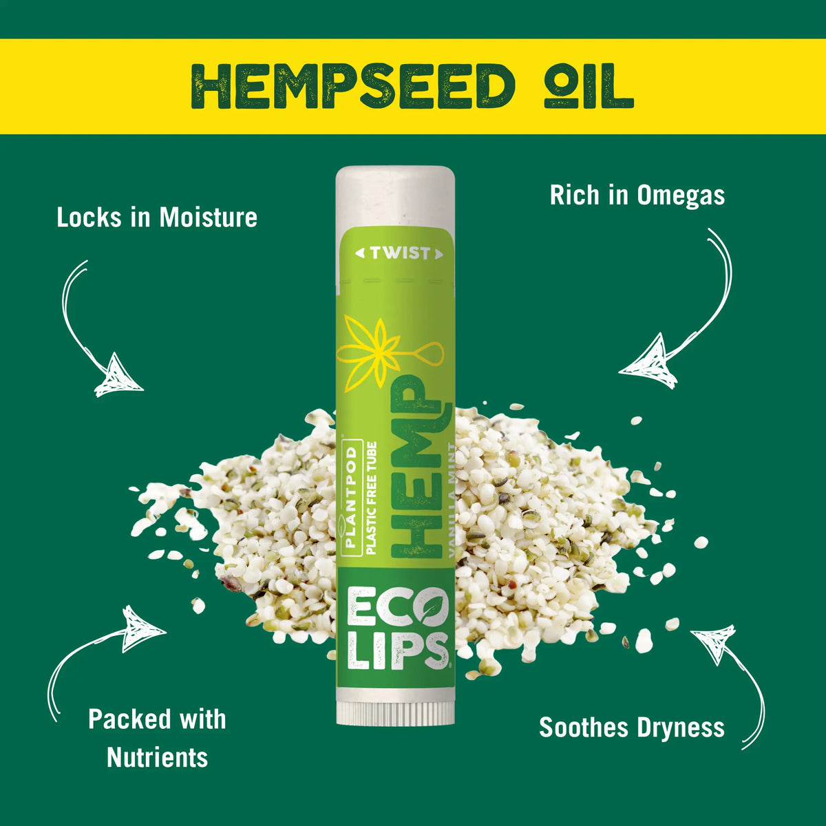 Lip balm with hempseed oil on a green background