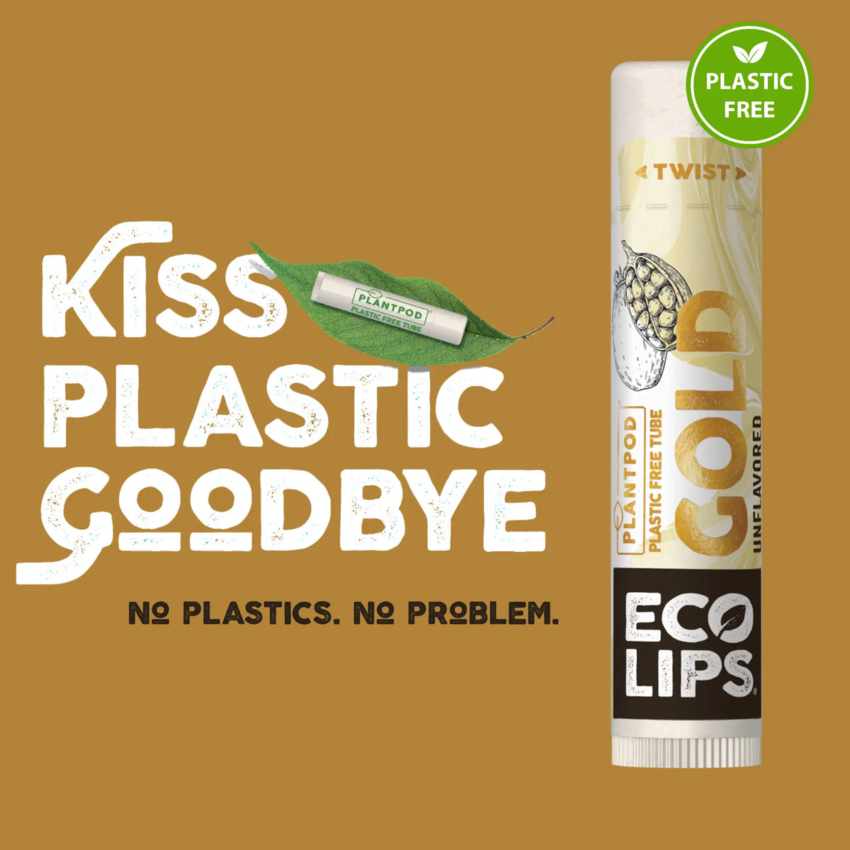 Lip balm with 'Kiss Plastic Goodbye' text and green leaf on a brown background