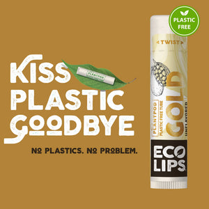 Lip balm packaging with text 'The Gold Standard in Moisture' on a dark background