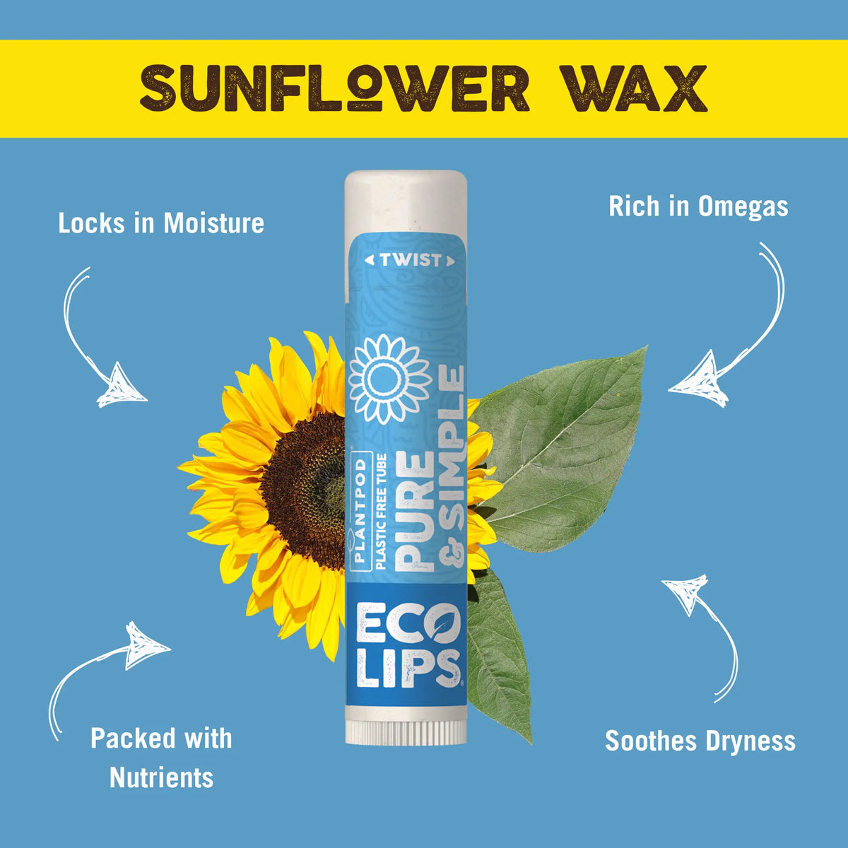 Lip balm tube with sunflower and leaves on a blue background, labeled 'Sunflower Wax'.