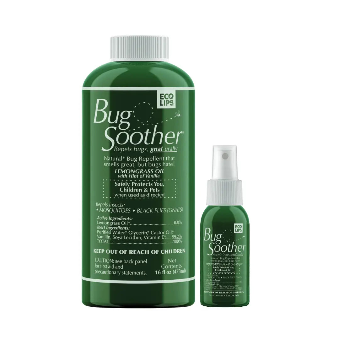 Large 16 ounce Bug Soother insect repellent with no sprayer plus complimentary one ounce bottle, with a green label and white spray nozzle.
