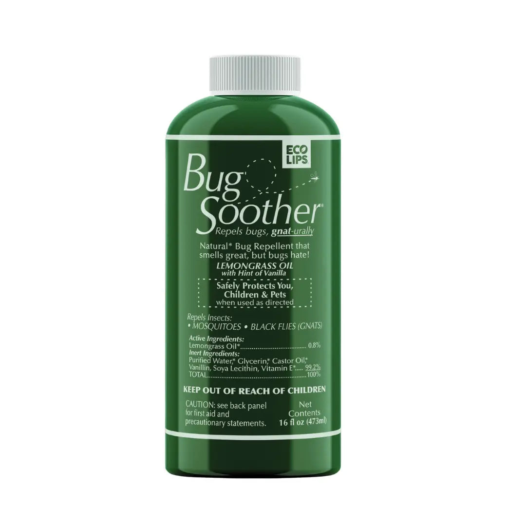 A 16 oz bottle of Bug Soother insect repellent with a spray nozzle, primarily green in color with white text and a green cap.
