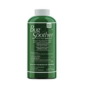 Man and child outdoors with text about plant-based bug control product.