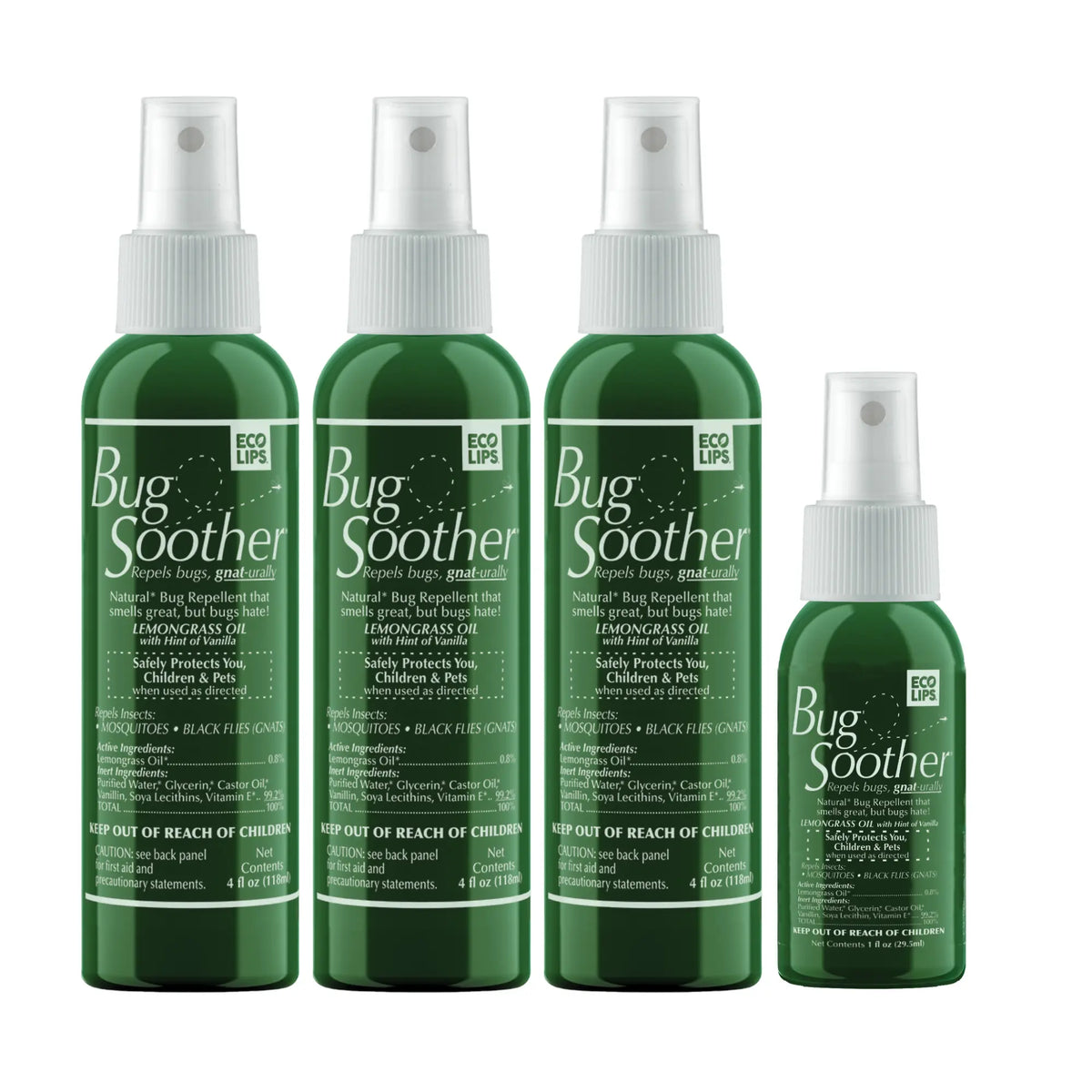 Three bottles of Bug Soother insect repellent plus complimentary one ounce bottle, with a green label and white spray nozzle.