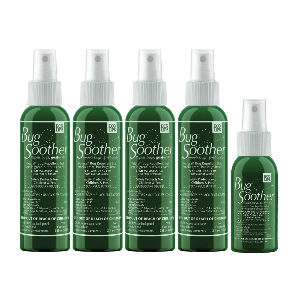 Four bottles of Bug Soother insect repellent plus complimentary one ounce bottle, with a green label and white spray nozzle.