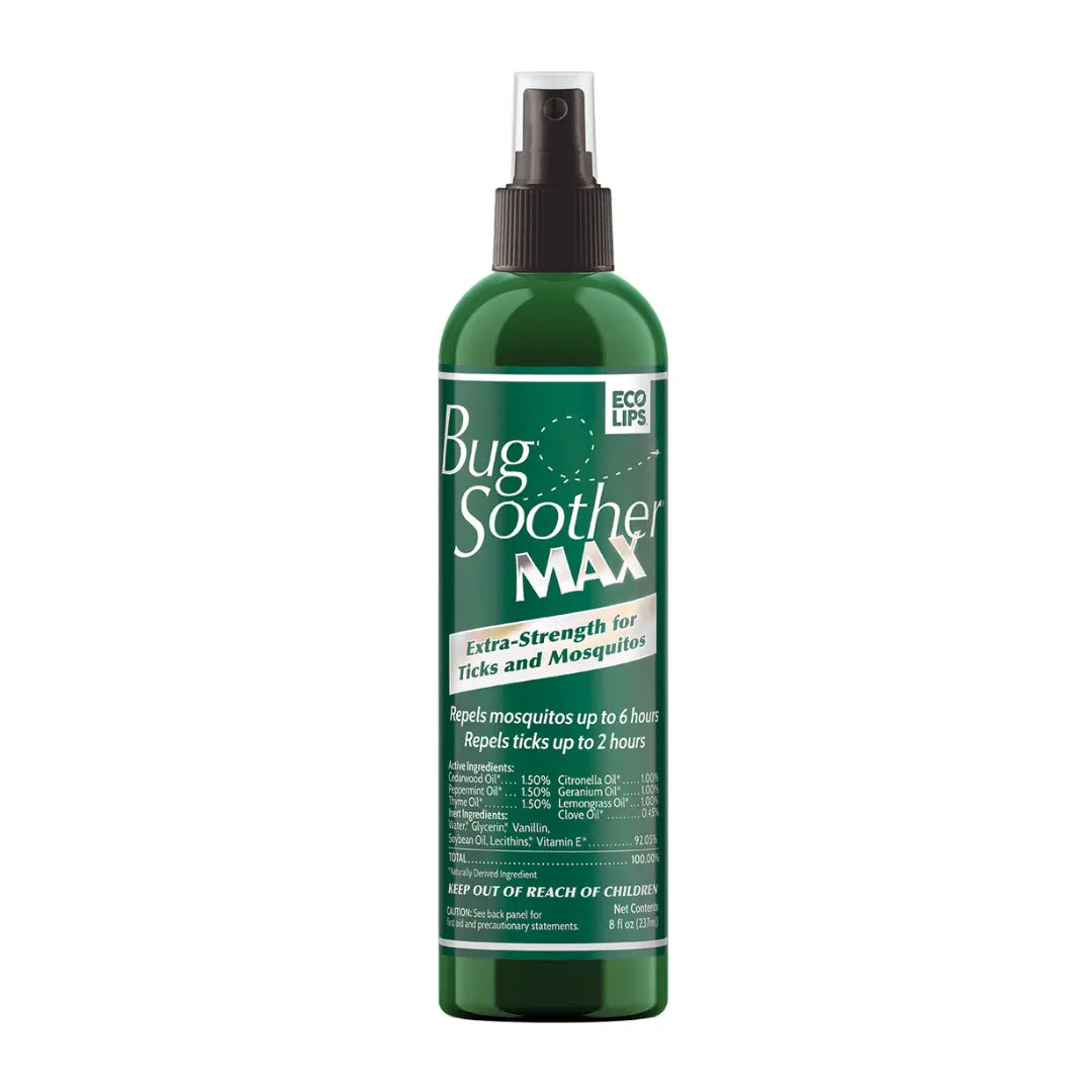 A green spray bottle labeled 'Bug Soother MAX Extra Strength Mosquito &amp; Tick Repellent' with a black spray nozzle.
