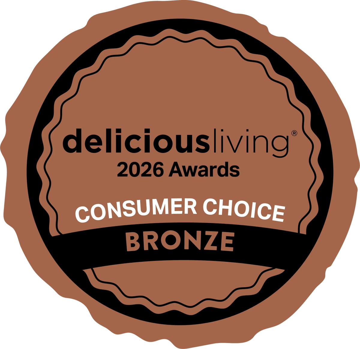 Bronze award badge from delicious living 2026 Awards on a brown background