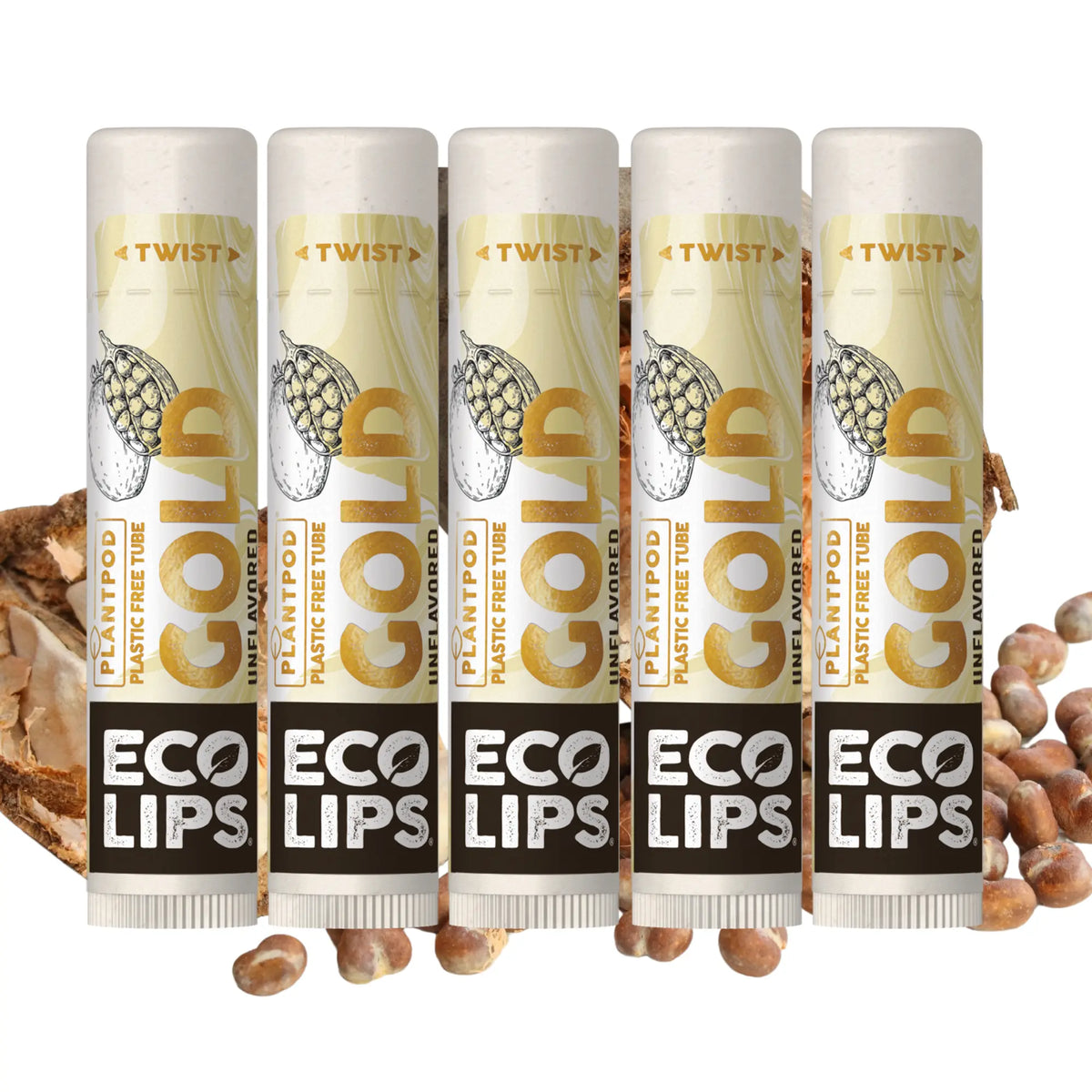 Five tubes of Eco Lips Gold lip balm on a white background with plant material around.
