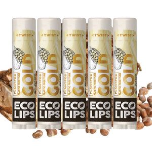 Lip balm packaging with text 'The Gold Standard in Moisture' on a dark background