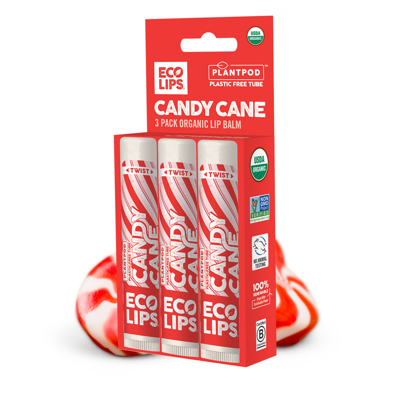 Candy Cane Plant Pod® Organic Lip Balm, 3 Pack Carton