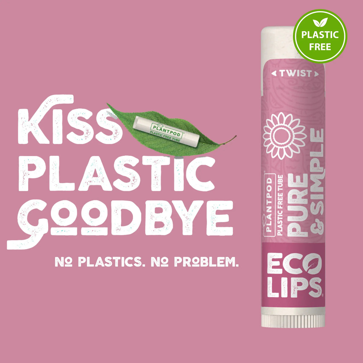 Lip balm container with 'Kiss Plastic Goodbye' text on a pink background