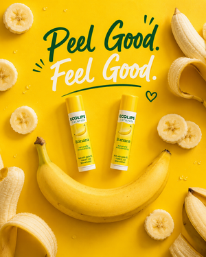 Text messages on a yellow background expressing a desire for a banana-flavored lip balm.
