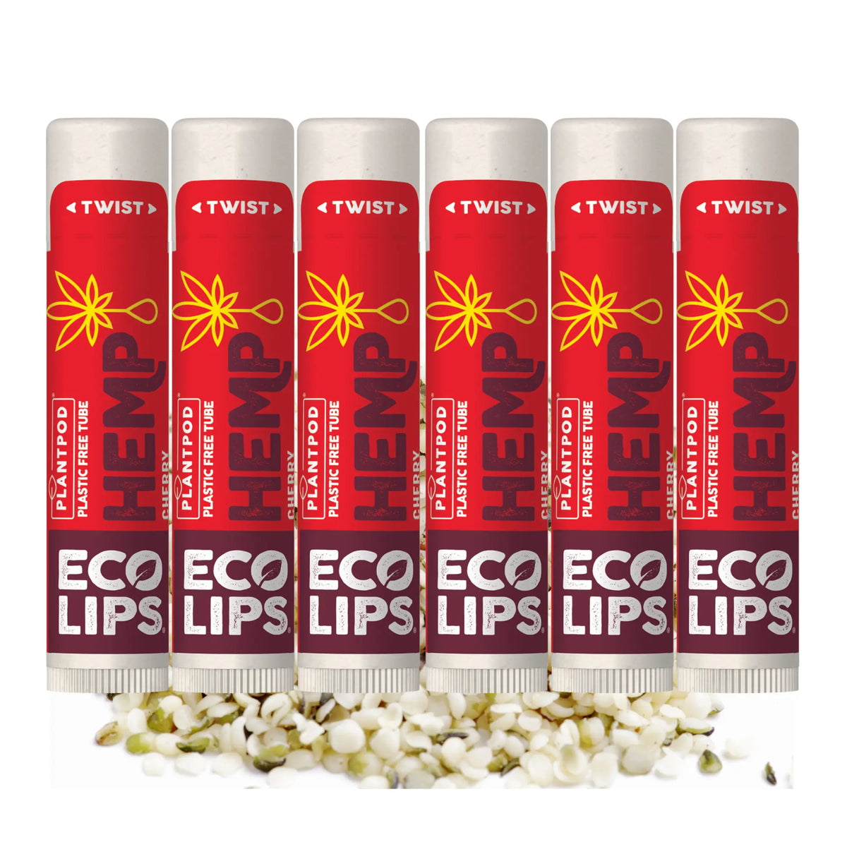 Six Eco Lips Hemp lip balm tubes with a small pile of hemp seeds below on a white background.