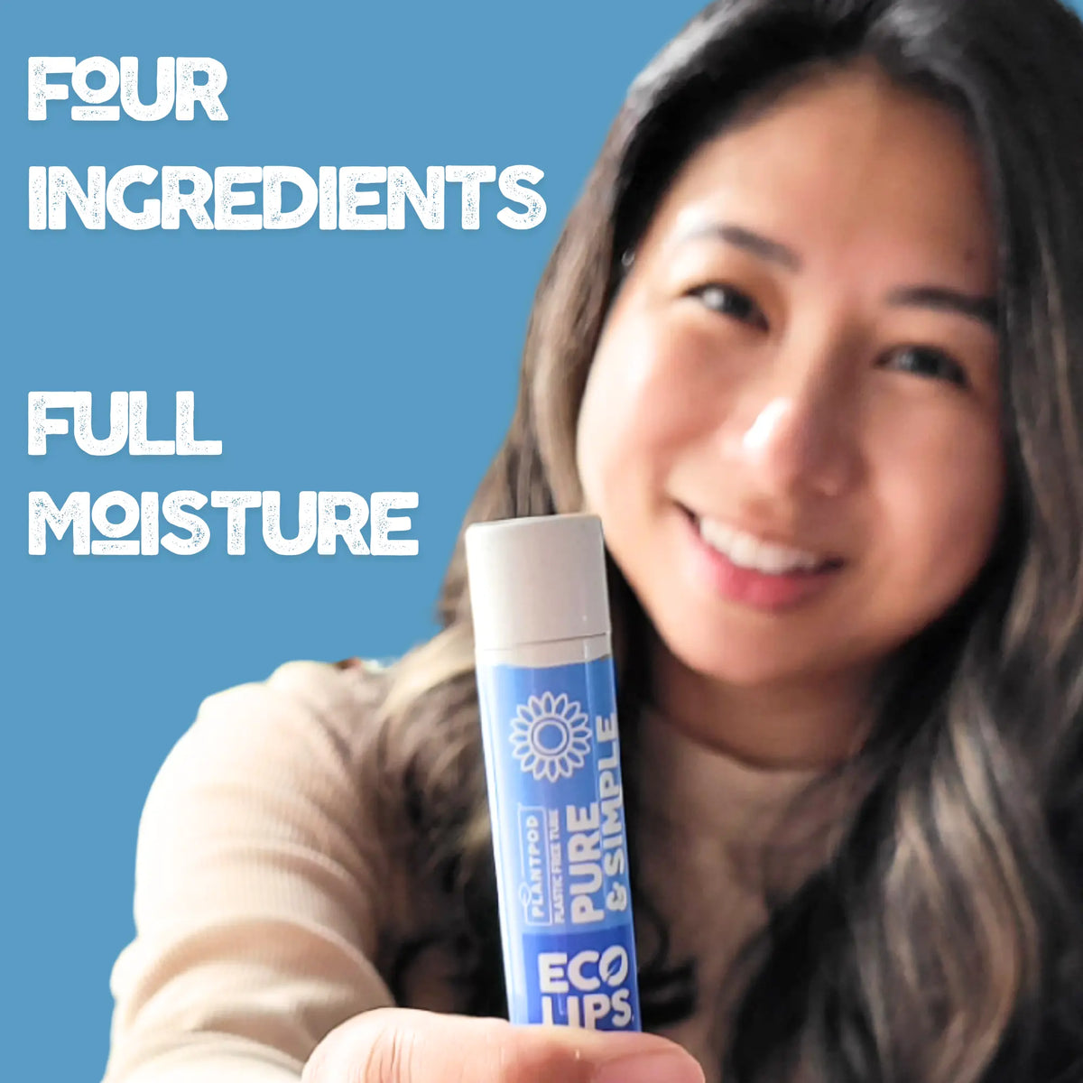 Woman holding a lip balm with text about ingredients and moisture on a blue background