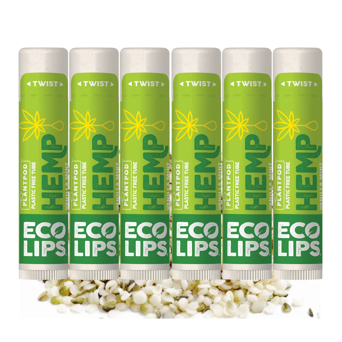 Set of six green Hemp Eco Lips lip balm tubes with visible seeds on a white background
