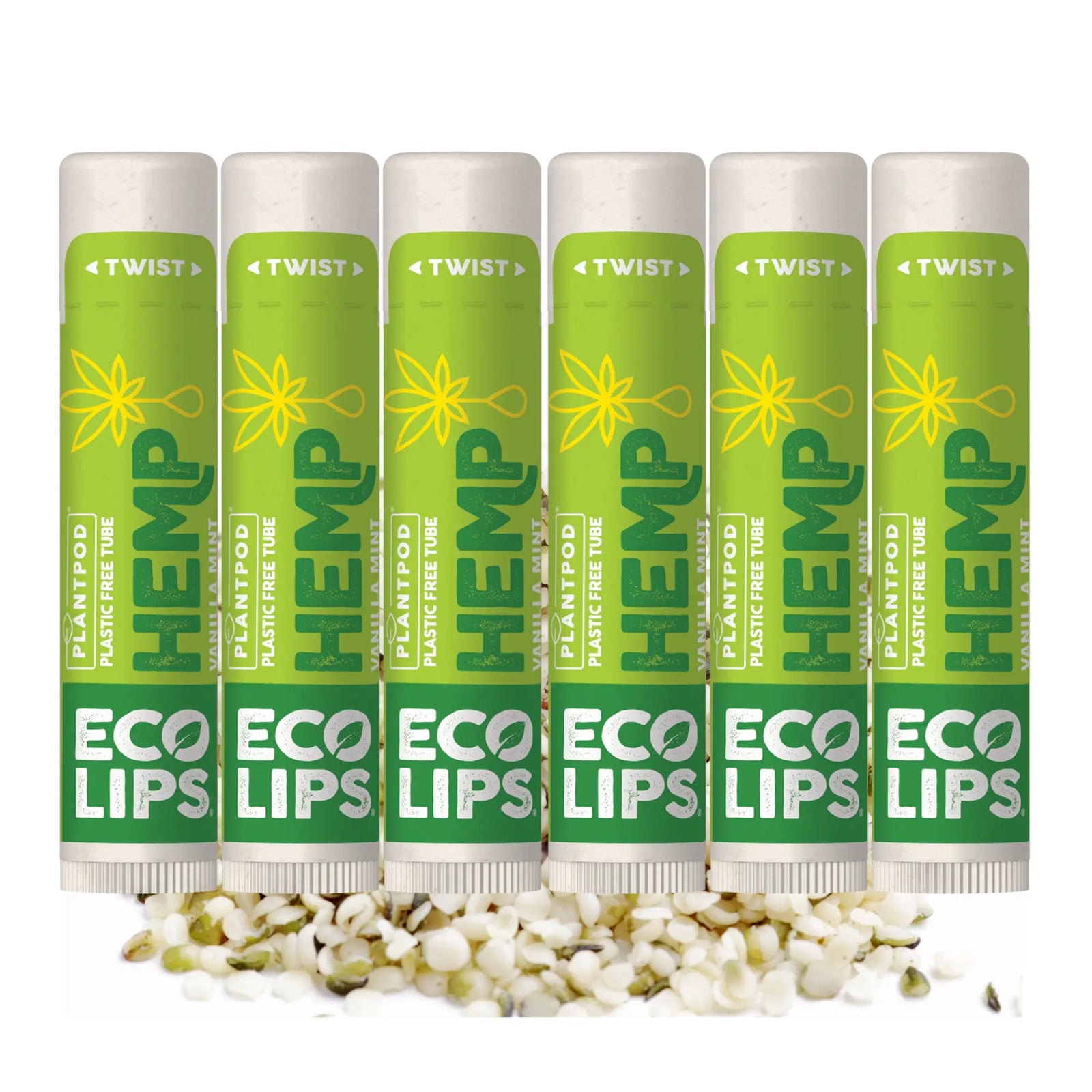Set of six green Hemp Eco Lips lip balm tubes with visible seeds on a white background