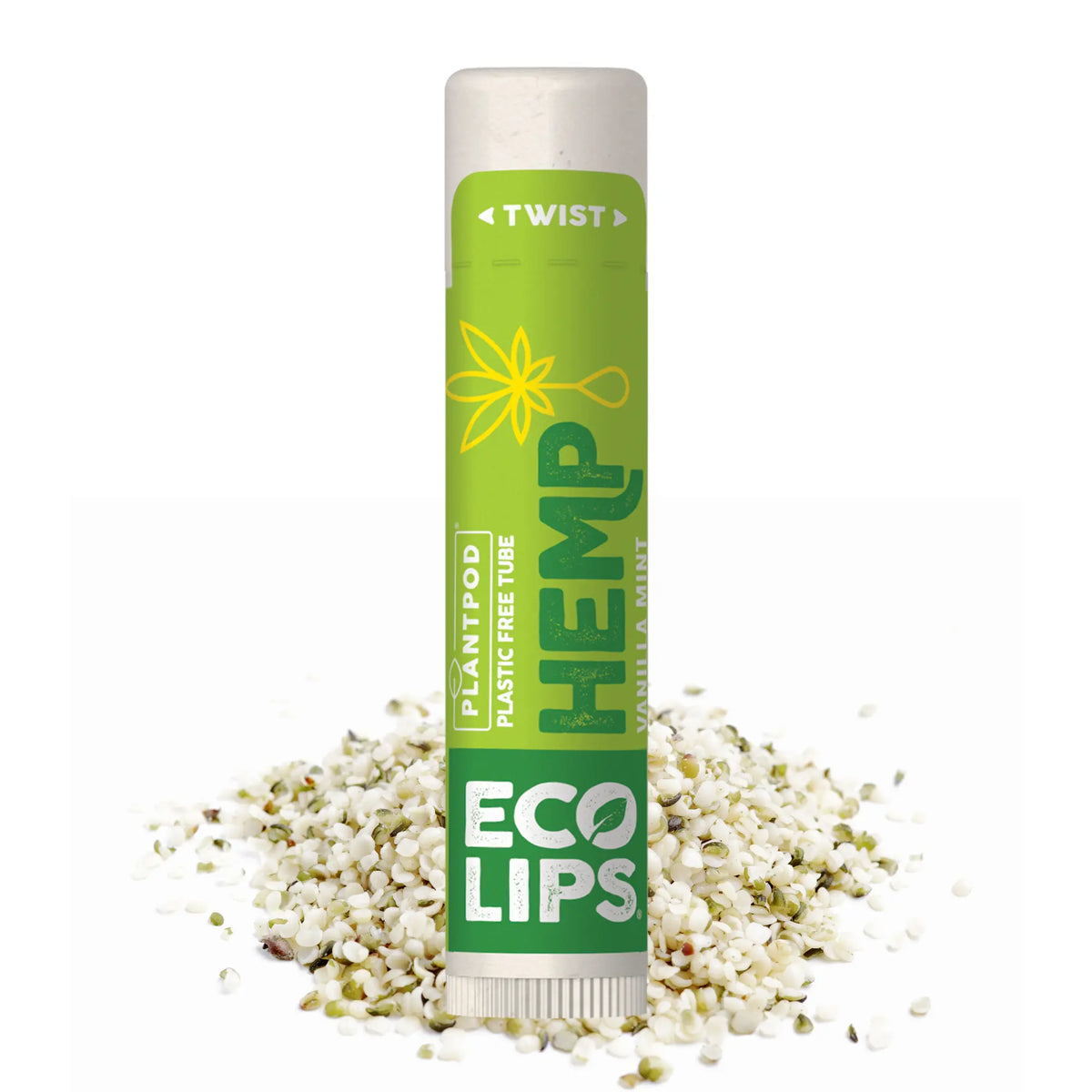 Lip balm tube labeled 'Eco Lips' with hemp seeds on a white background