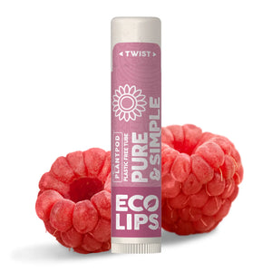 Woman holding a lip balm with text about purity and simplicity on a pink background