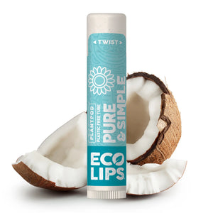 Eco-friendly lip balm advertisement with a blue background and Earth graphic, featuring certification logos.