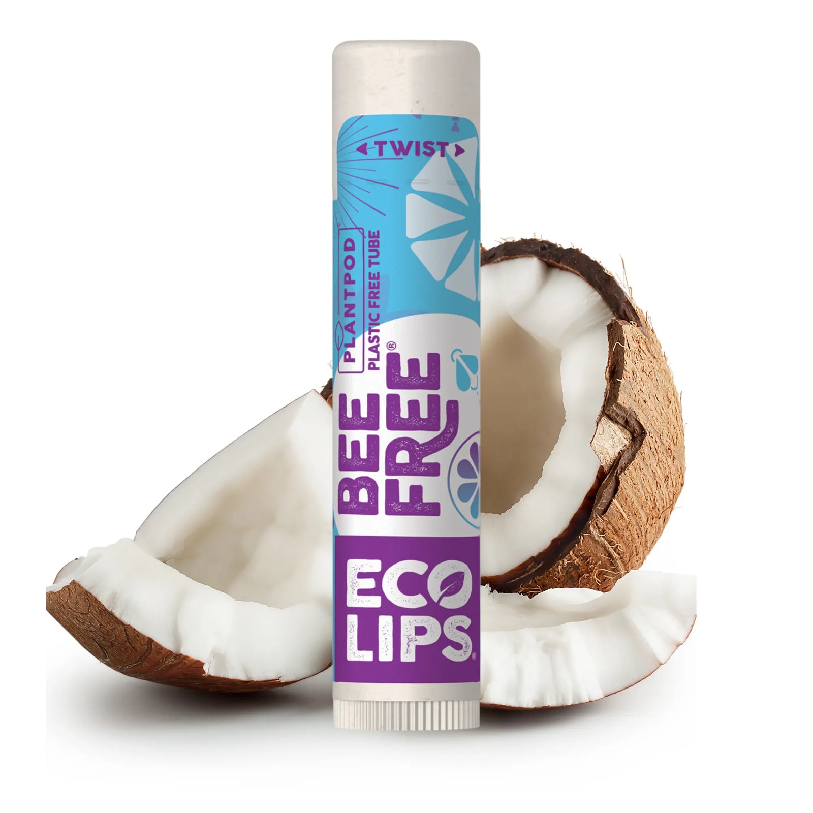Bee Free Eco Lips lip balm tube with a coconut on a white background