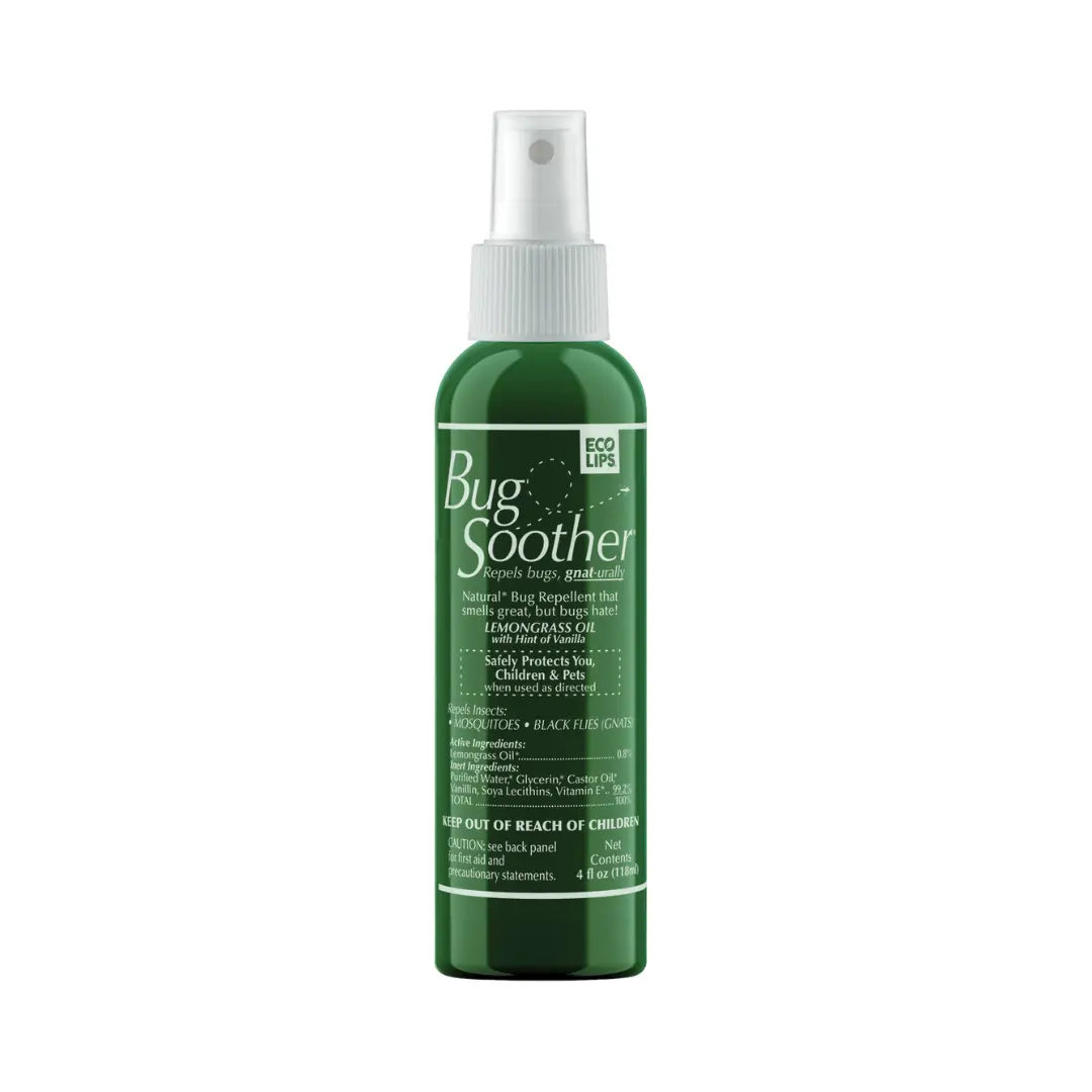A  4 oz bottle of Bug Soother insect repellent with a spray nozzle, primarily green in color with white text and a green cap.

