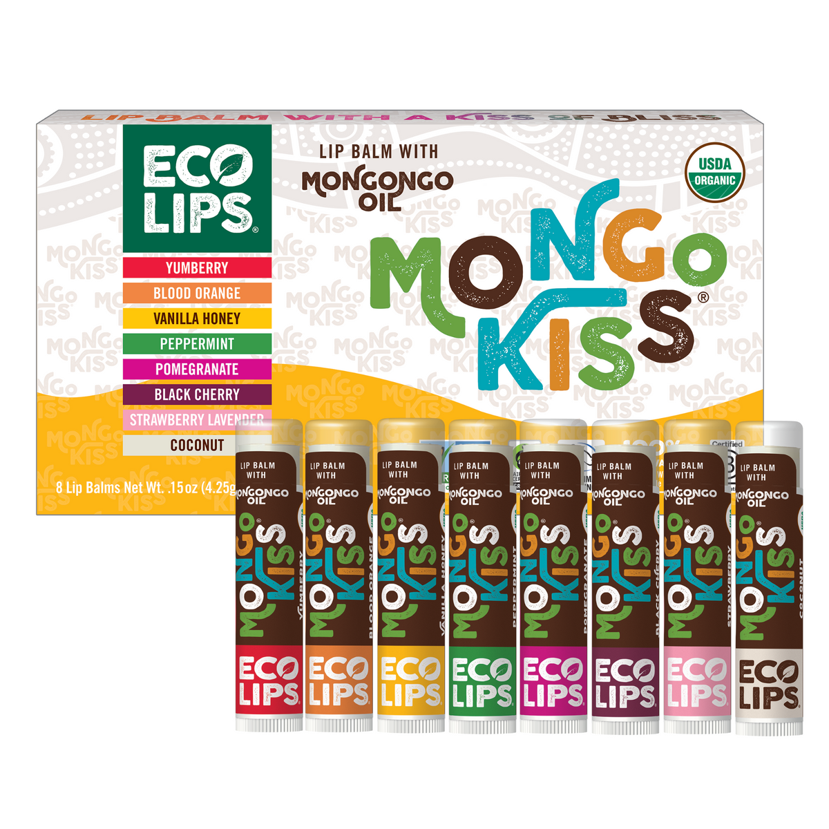 Mongo Kiss® Organic Lip Balm, Value 8 Pack Variety, 0.15 oz.