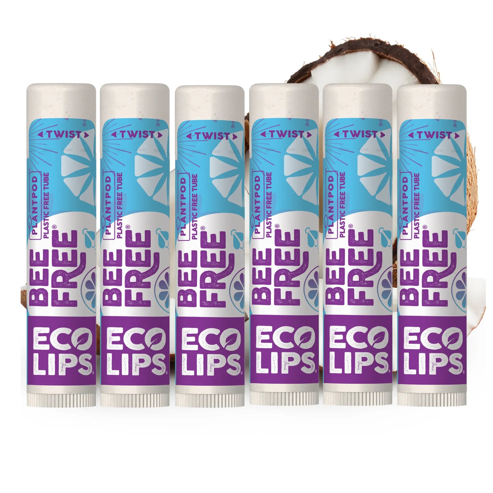 Set of 'Bee Free Eco Lips' lip balm tubes with a coconut in the background