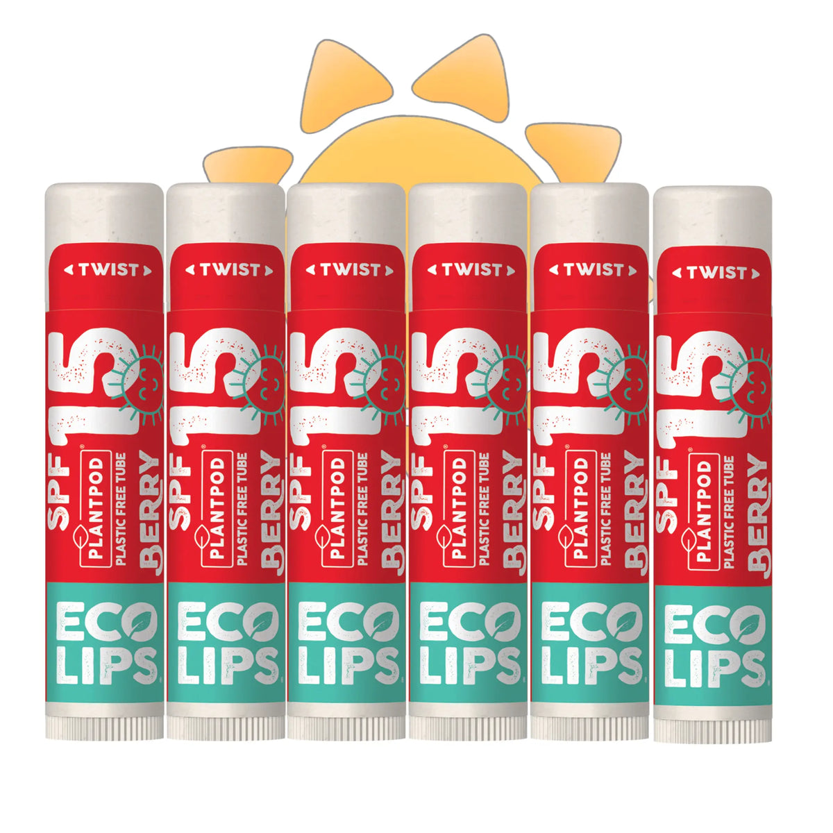Multiple tubes of Eco Lips SPF 15 Plantpod berry lip balm on a white background