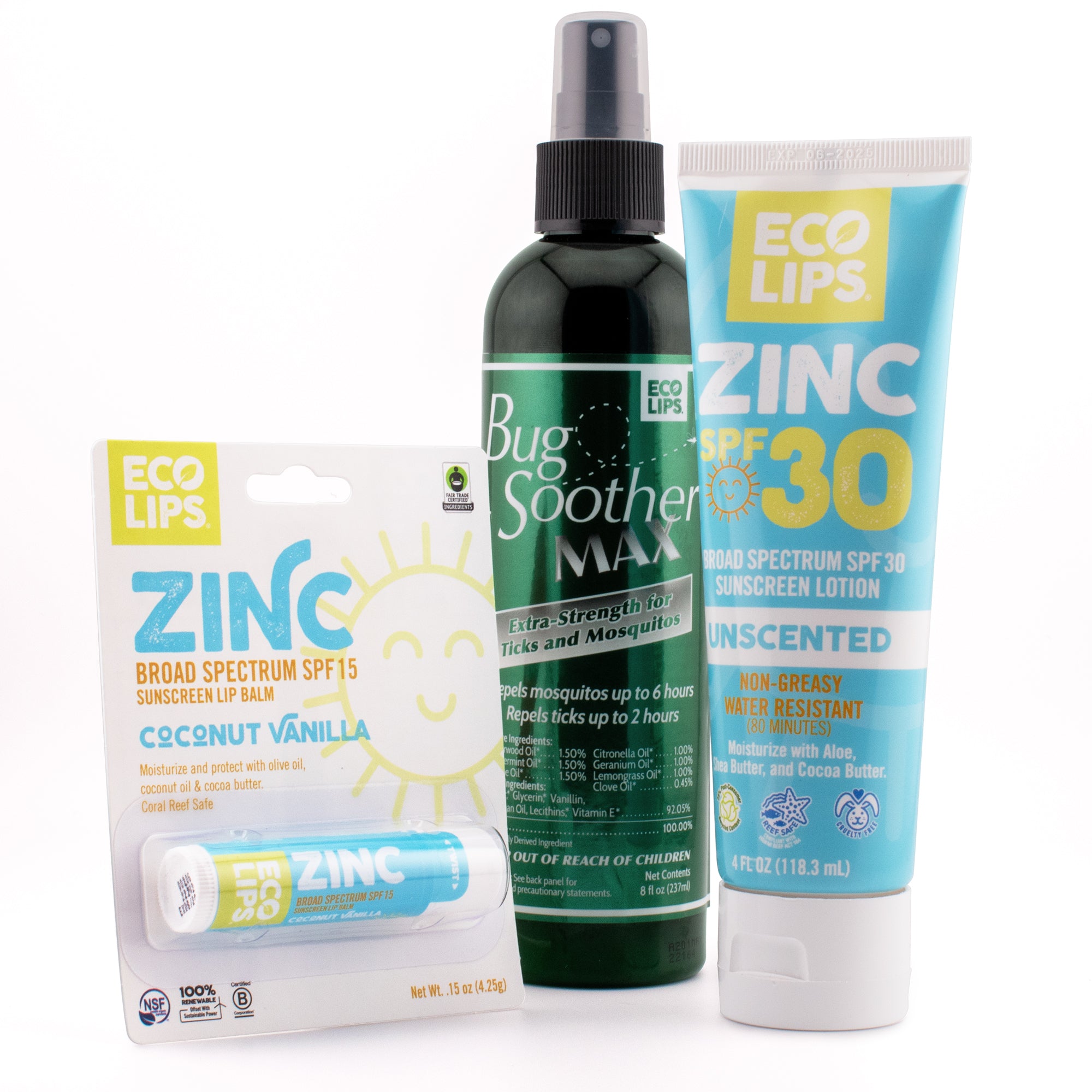 Outdoor Essentials 3-pack - Bug Soother Tick & Mosquito Repellent, SPF 30 Sunscreen Lotion and Zinc SPF 15 Lip Balm